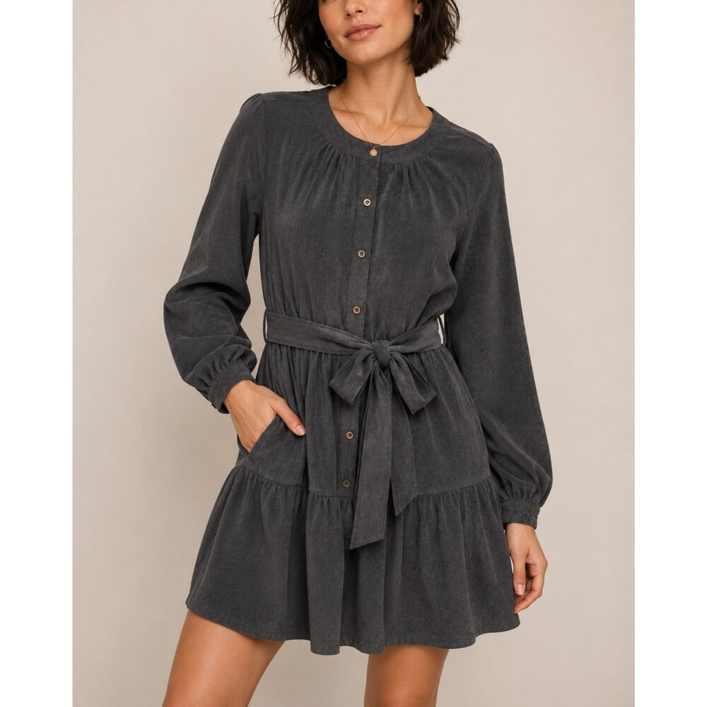 Simply Southern Gray Corduroy Dress Belted Size L Button Front Cottage Boho NWT